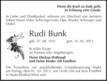 Traueranzeige von Rudi Bunk von Mitteldeutsche Zeitung Halle/Saalkreis