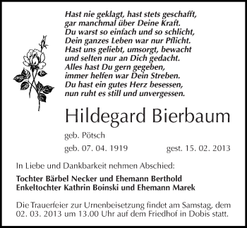 Traueranzeige von Hildegard Bierbaum von Mitteldeutsche Zeitung Halle/Saalkreis