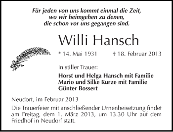 Traueranzeige von Willi Hansch von Mitteldeutsche Zeitung Quedlinburg