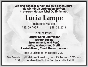 Traueranzeige von Lucia Lampe von Mitteldeutsche Zeitung Merseburg/Querfurt