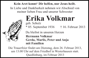 Traueranzeige von Erika Volkmar von Mitteldeutsche Zeitung Quedlinburg