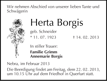 Traueranzeige von Herta Borgis von Mitteldeutsche Zeitung Naumburg/Nebra