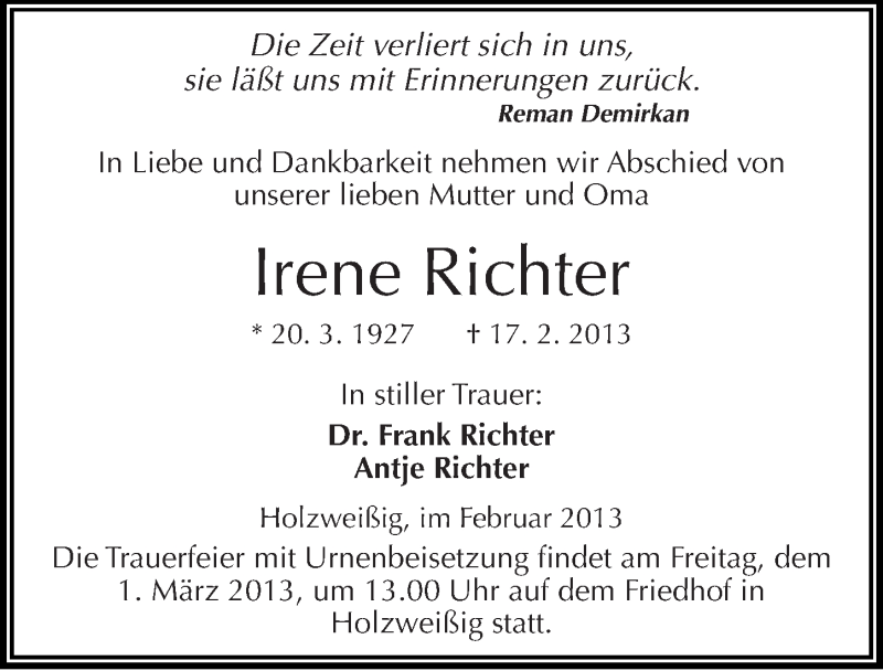  Traueranzeige für Irene Richter vom 22.02.2013 aus Mitteldeutsche Zeitung Bitterfeld