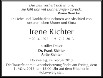 Traueranzeige von Irene Richter von Mitteldeutsche Zeitung Bitterfeld