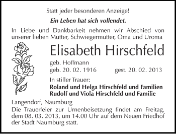 Traueranzeige von Elisabeth Hirschfeld von Mitteldeutsche Zeitung Naumburg/Nebra