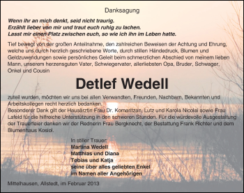 Traueranzeige von Detlef Wedell von Mitteldeutsche Zeitung Sangerhausen