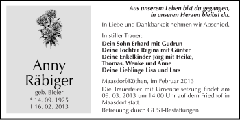 Traueranzeige von Anny Räbiger von Mitteldeutsche Zeitung Köthen
