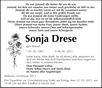 Traueranzeige von Sonja Drese von Mitteldeutsche Zeitung Weißenfels