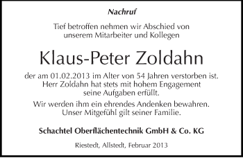 Traueranzeige von Klaus-Peter Zoldahn von Mitteldeutsche Zeitung Sangerhausen