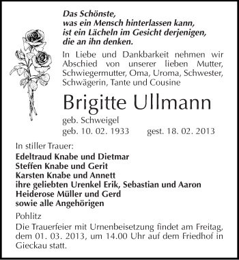 Traueranzeige von Brigitte Ullmann von Mitteldeutsche Zeitung Naumburg/Nebra