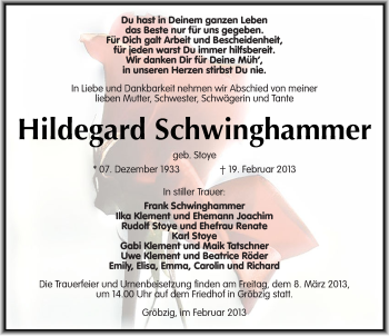 Traueranzeige von Hildegard Schwinghammer von Mitteldeutsche Zeitung Köthen