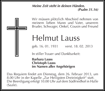 Traueranzeige von Helmut Lauss von Mitteldeutsche Zeitung Halle/Saalkreis