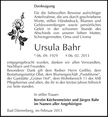 Traueranzeige von Ursula Bahr von Mitteldeutsche Zeitung Merseburg/Querfurt