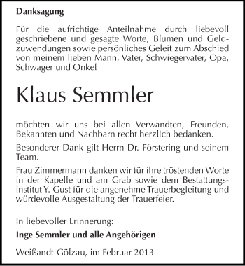 Traueranzeige von Klaus Semmler von Mitteldeutsche Zeitung Köthen