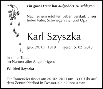 Traueranzeige von Karl Szyszka von Mitteldeutsche Zeitung Dessau-Roßlau