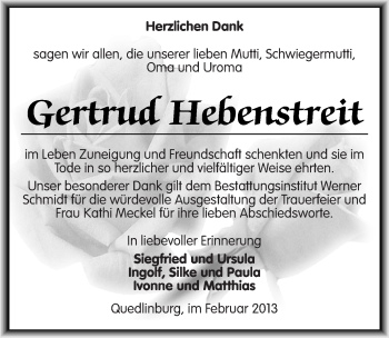 Traueranzeige von Gertrud Hebenstreit von Mitteldeutsche Zeitung Quedlinburg