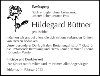 Traueranzeige von Hildegard Büttner von Mitteldeutsche Zeitung Köthen
