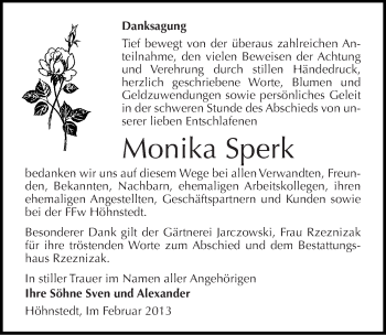 Traueranzeige von Monika Sperk von Mitteldeutsche Zeitung Halle/Saalkreis