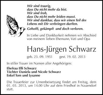 Traueranzeige von Hans-Jürgen Schwarz von Mitteldeutsche Zeitung Halle/Saalkreis