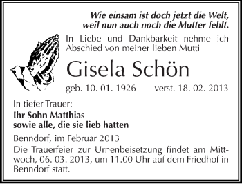 Traueranzeige von Gisela Schön von Mitteldeutsche Zeitung Mansfelder Land
