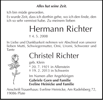 Traueranzeige von Christel Richter von Mitteldeutsche Zeitung Halle/Saalkreis