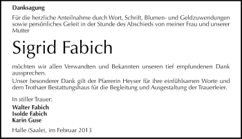 Traueranzeige von Sigrid Fabich von Mitteldeutsche Zeitung Halle/Saalkreis