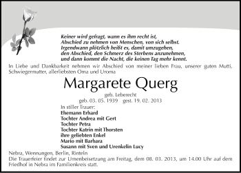 Traueranzeige von Margarete Querg von Mitteldeutsche Zeitung Merseburg/Querfurt