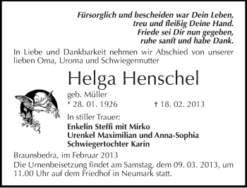 Traueranzeige von Helga Henschel von Mitteldeutsche Zeitung Merseburg/Querfurt