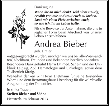 Traueranzeige von Andrea Bieber von Mitteldeutsche Zeitung Mansfelder Land