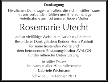 Traueranzeige von Rosemarie Utecht von Mitteldeutsche Zeitung Halle/Saalkreis