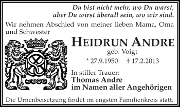 Traueranzeige von Heidrun Andre von Mitteldeutsche Zeitung Halle/Saalkreis