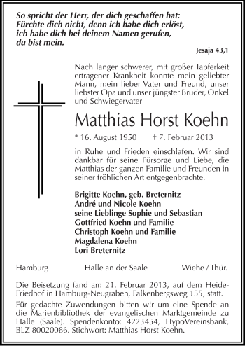 Traueranzeige von Matthias Horst Koehn von Mitteldeutsche Zeitung Halle/Saalkreis