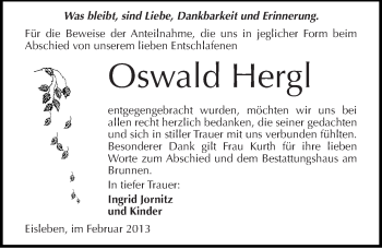 Traueranzeige von Oswald Hergl von Mitteldeutsche Zeitung Mansfelder Land