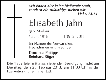 Traueranzeige von Elisabeth Jahn von Mitteldeutsche Zeitung Halle/Saalkreis