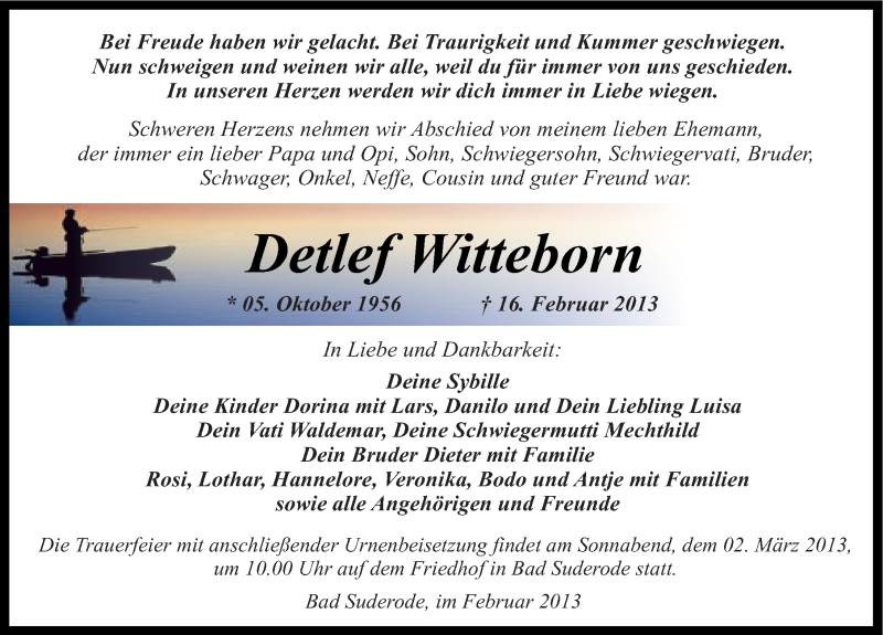  Traueranzeige für Detlef Witteborn vom 23.02.2013 aus Mitteldeutsche Zeitung Quedlinburg