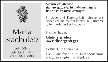 Traueranzeige von Maria Stachuletz von Mitteldeutsche Zeitung Mansfelder Land