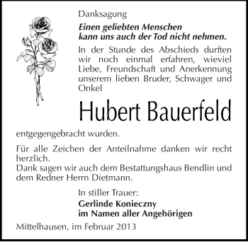 Traueranzeige von Hubert Bauerfeld von Mitteldeutsche Zeitung Sangerhausen