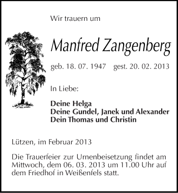 Traueranzeige von Manfred Zangenberg von Mitteldeutsche Zeitung Weißenfels