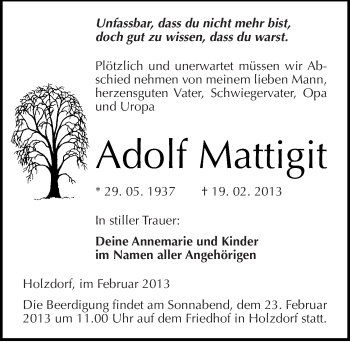 Traueranzeige von Adolf Mattigit von Mitteldeutsche Zeitung Wittenberg