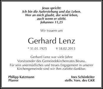 Traueranzeige von Gerhard Lenz von Mitteldeutsche Zeitung Merseburg/Querfurt