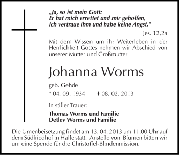 Traueranzeige von Johanna Worms von Mitteldeutsche Zeitung Halle/Saalkreis