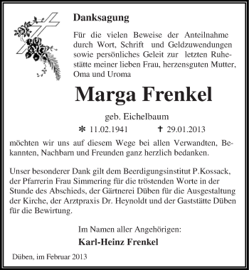 Traueranzeige von Marga Frenkel von Mitteldeutsche Zeitung Wittenberg