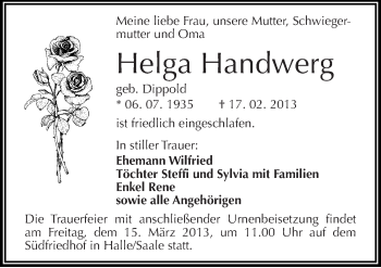 Traueranzeige von Helga Handwerg von Mitteldeutsche Zeitung Halle/Saalkreis
