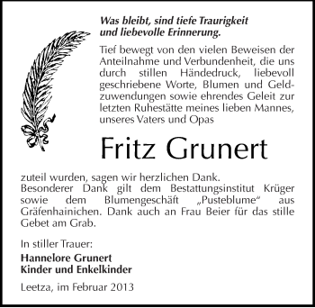 Traueranzeige von Fritz Grunert von Mitteldeutsche Zeitung Wittenberg