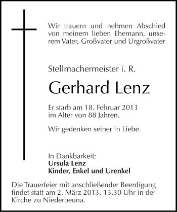 Traueranzeige von Gerhard Lenz von Mitteldeutsche Zeitung Merseburg/Querfurt