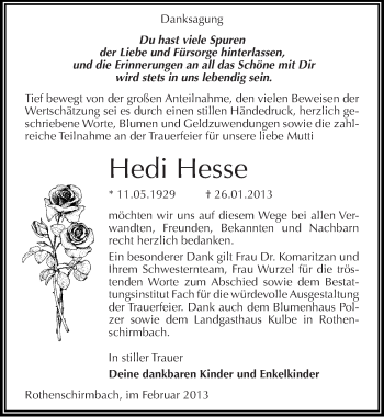 Traueranzeige von Hedi Hesse von Mitteldeutsche Zeitung Mansfelder Land