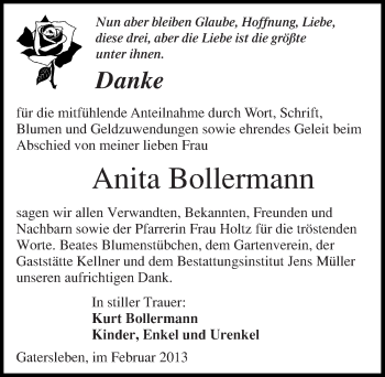 Traueranzeige von Anita Bollermann von Mitteldeutsche Zeitung Aschersleben