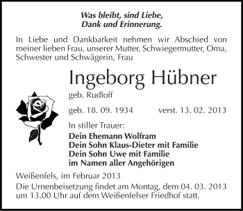 Traueranzeige von Ingeborg Hübner von Mitteldeutsche Zeitung Weißenfels