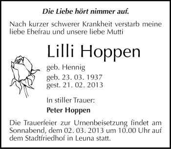 Traueranzeige von Lilli Hoppen von Mitteldeutsche Zeitung Merseburg/Querfurt