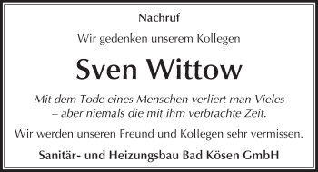 Traueranzeige von Sven Wittow von Mitteldeutsche Zeitung Naumburg/Nebra